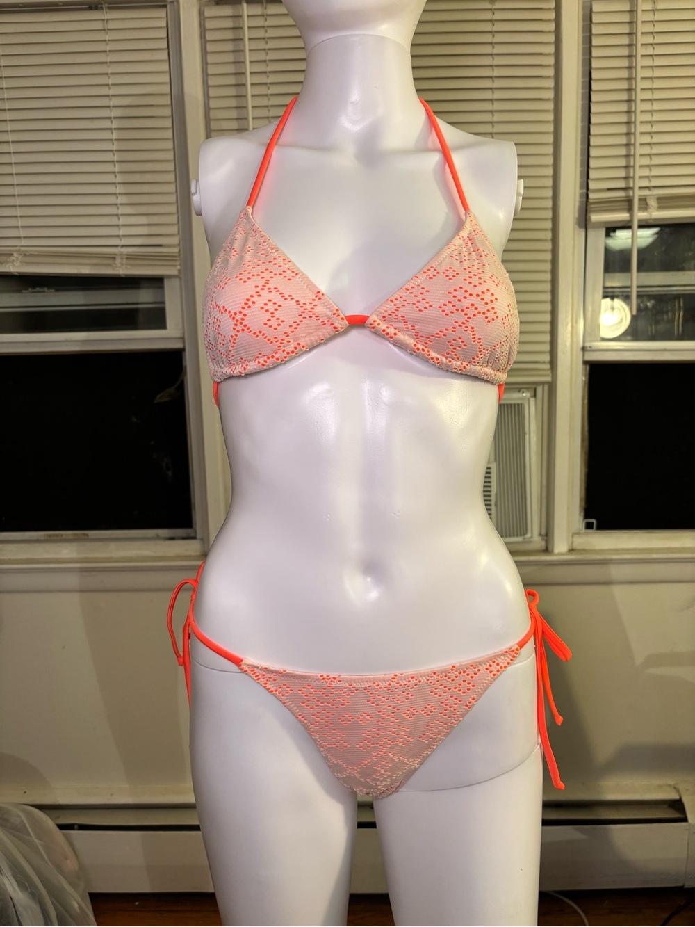 Neon Coral Crochet Triangle Bikini Set - Women Swimsuit size s/m